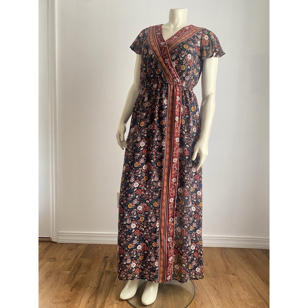 Xhilaration Dress Maxi Faux Wrap Boho/ Navy Abstract Print W/ Belt Large - Picture 4 of 9